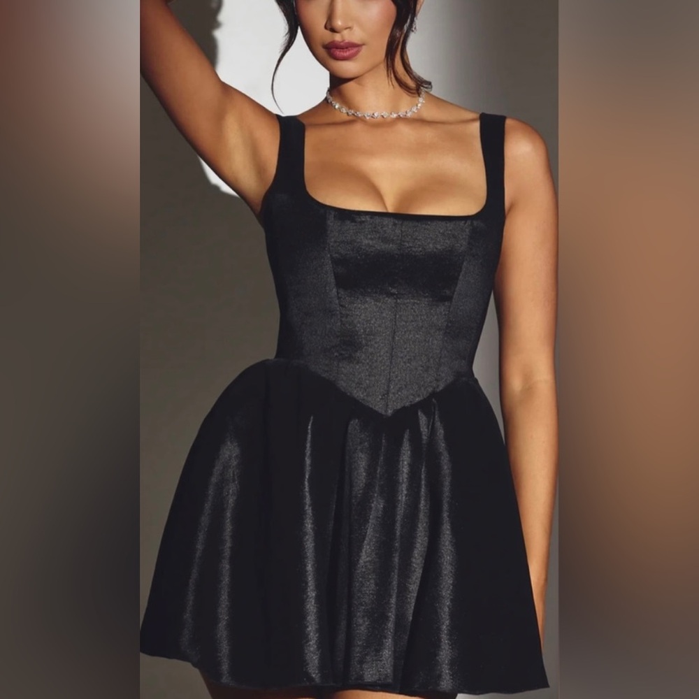 Oh Polly Woven Taffeta Corset Mini Dress in Jet Black
